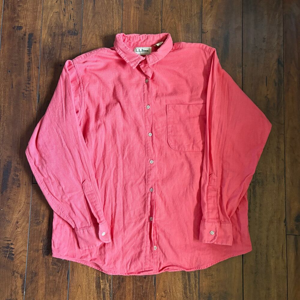Vintage LL Bean Cool Weave Shirt Womens L Pink Long Sleeve Collared Button Up